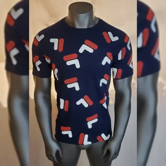 FILA AUTHENTIC TSHIRT MEN'S CREW NECK SHORT SLEEVE ALL OVER PRINT SIZE S NAVY - Picture 6 of 7
